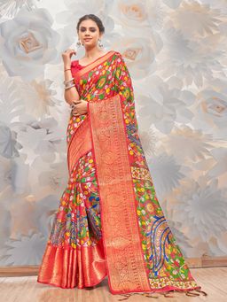 Akhilam - Womens Cotton Blend Red Printed Designer Saree with Unstitched Blouse