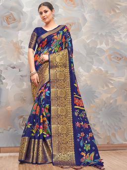 Akhilam - Womens Cotton Blend Navy Blue Printed Designer Saree with Unstitched Blouse