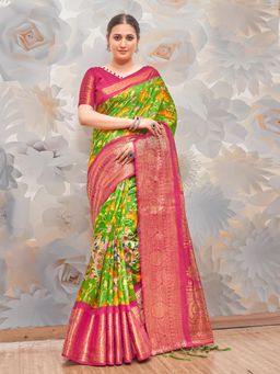 Akhilam - Womens Cotton Blend Green Printed Designer Saree with Unstitched Blouse