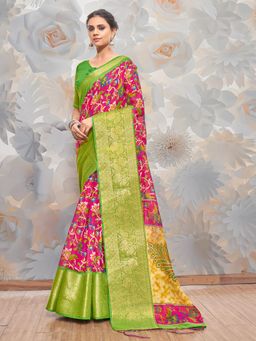 Akhilam - Womens Cotton Blend Pink Printed Designer Saree with Unstitched Blouse