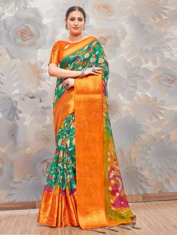 Akhilam - Womens Cotton Blend Teal Blue Printed Designer Saree with Unstitched Blouse