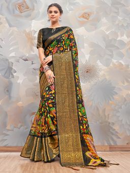 Akhilam - Womens Cotton Blend Black Printed Designer Saree with Unstitched Blouse