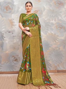 Akhilam - Womens Cotton Blend Olive Printed Designer Saree with Unstitched Blouse