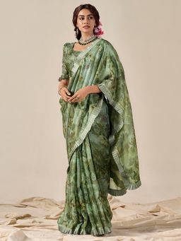 Akhilam - Womens Kota Doria Cotton Green Printed Designer Saree with Unstitched Blouse