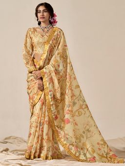 Akhilam - Womens Kota Doria Cotton Yellow Printed Designer Saree with Unstitched Blouse
