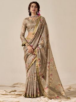 Akhilam - Womens Kota Doria Cotton Beige Printed Designer Saree with Unstitched Blouse