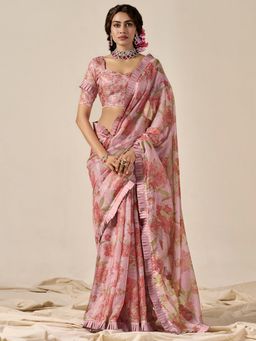 Akhilam - Womens Kota Doria Cotton Mauve Printed Designer Saree with Unstitched Blouse
