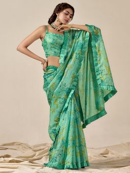 Akhilam - Womens Kota Doria Cotton Sea Green Printed Designer Saree with Unstitched Blouse