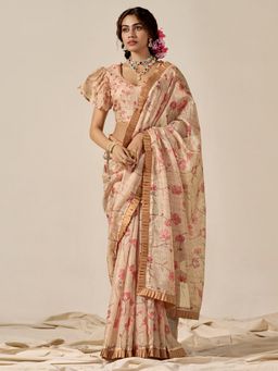 Akhilam - Womens Kota Doria Cotton Beige Printed Designer Saree with Unstitched Blouse