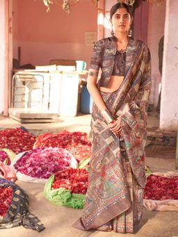 Sareemall - Womens Silk Blend Beige Printed Designer Saree with Unstitched Blouse