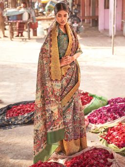 Sareemall - Womens Silk Blend Beige Printed Designer Saree with Unstitched Blouse