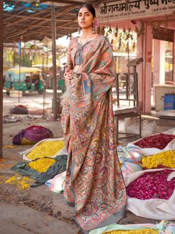 Sareemall - Womens Silk Blend Beige Printed Designer Saree with Unstitched Blouse