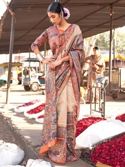 Sareemall - Womens Silk Blend Beige Printed Designer Saree with Unstitched Blouse