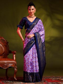 Akhilam - Womens Dola Silk Lavender Printed Designer Saree with Unstitched Blouse