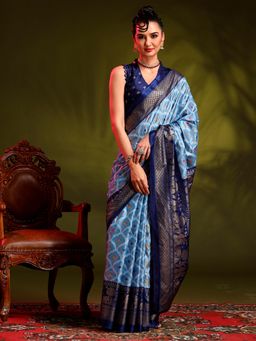Akhilam - Womens Dola Silk Blue Printed Designer Saree with Unstitched Blouse