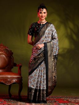 Akhilam - Womens Dola Silk Grey Printed Designer Saree with Unstitched Blouse