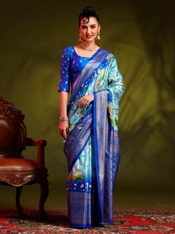 Akhilam - Womens Dola Silk Light Blue Printed Designer Saree with Unstitched Blouse