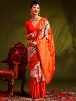 Akhilam - Womens Dola Silk Peach Printed Designer Saree with Unstitched Blouse