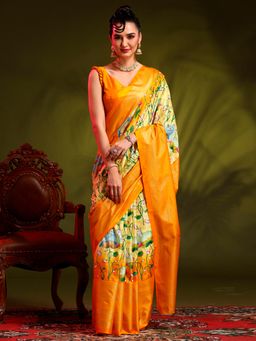 Akhilam - Womens Dola Silk Yellow Printed Designer Saree with Unstitched Blouse