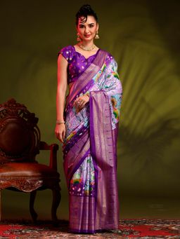 Akhilam - Womens Dola Silk Lavender Printed Designer Saree with Unstitched Blouse