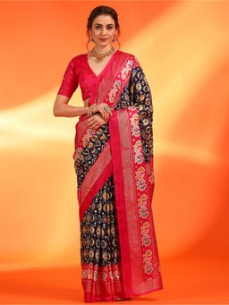 Sareemall - Womens Dola Silk Navy Blue Printed Designer Saree with Unstitched Blouse