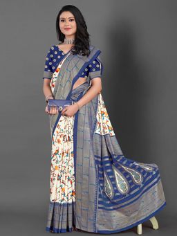 Akhilam - Womens Dola Silk Navy Blue Printed Designer Saree with Unstitched Blouse