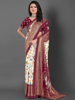 Akhilam - Womens Dola Silk Burgundy Printed Designer Saree with Unstitched Blouse