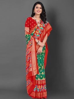 Akhilam - Womens Dola Silk Green Printed Designer Saree with Unstitched Blouse