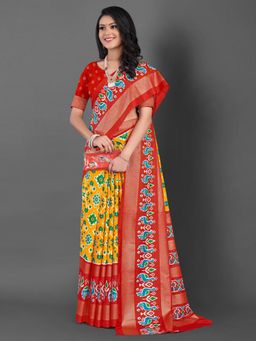 Akhilam - Womens Dola Silk Yellow Printed Designer Saree with Unstitched Blouse