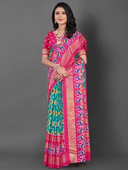 Akhilam - Womens Dola Silk Blue Printed Designer Saree with Unstitched Blouse
