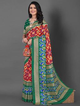 Akhilam - Womens Dola Silk Red Printed Designer Saree with Unstitched Blouse