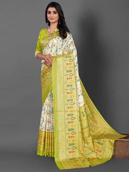 Akhilam - Womens Dola Silk Green Printed Designer Saree with Unstitched Blouse