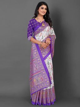 Akhilam - Womens Dola Silk Purple Printed Designer Saree with Unstitched Blouse