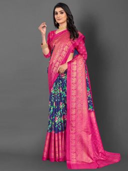 Akhilam - Womens Dola Silk Navy Blue Printed Designer Saree with Unstitched Blouse