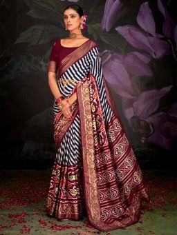 Sareemall - Womens Tussar Silk Burgundy Printed Designer Saree with Unstitched Blouse