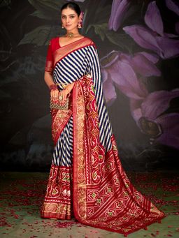 Sareemall - Womens Tussar Silk Red Printed Designer Saree with Unstitched Blouse