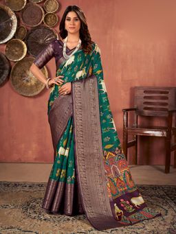Sareemall - Womens Cotton Blend Teal Printed Designer Saree with Unstitched Blouse