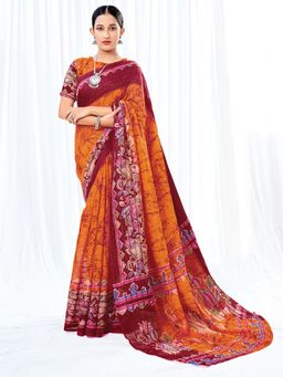 Akhilam - Womens Cotton Blend Orange Printed Designer Saree with Unstitched Blouse