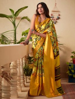 Akhilam - Womens Cotton Blend Yellow Printed Designer Saree with Unstitched Blouse