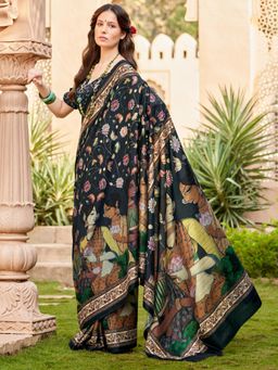 Sareemall - Womens Silk Blend Black Printed Designer Saree with Unstitched Blouse