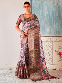 Akhilam - Womens Tussar Silk Off White Printed Designer Saree with Unstitched Blouse