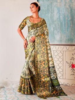 Akhilam - Womens Tussar Silk Beige Printed Designer Saree with Unstitched Blouse