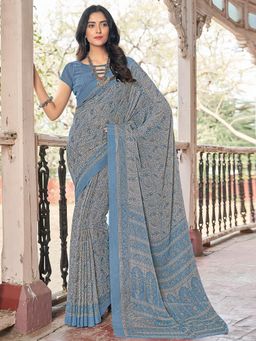 Akhilam - Womens Chiffon Grey Printed Designer Saree with Unstitched Blouse