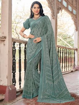 Akhilam - Womens Chiffon Sea Green Printed Designer Saree with Unstitched Blouse