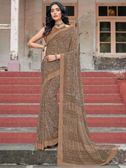 Akhilam - Womens Chiffon Brown Printed Designer Saree with Unstitched Blouse