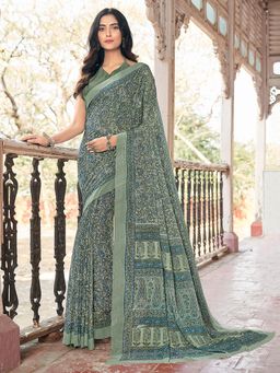 Akhilam - Womens Chiffon Sea Green Printed Designer Saree with Unstitched Blouse