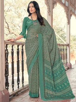 Akhilam - Womens Chiffon Sea Green Printed Designer Saree with Unstitched Blouse