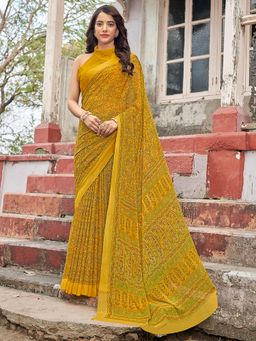 Akhilam - Womens Chiffon Yellow Printed Designer Saree with Unstitched Blouse