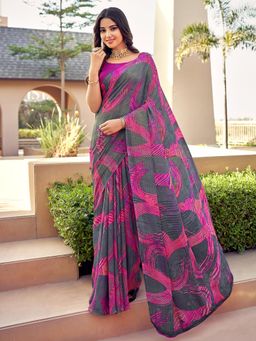 Akhilam - Womens Chiffon Grey Printed Designer Saree with Unstitched Blouse