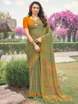 Akhilam - Womens Chiffon Green Printed Designer Saree with Unstitched Blouse